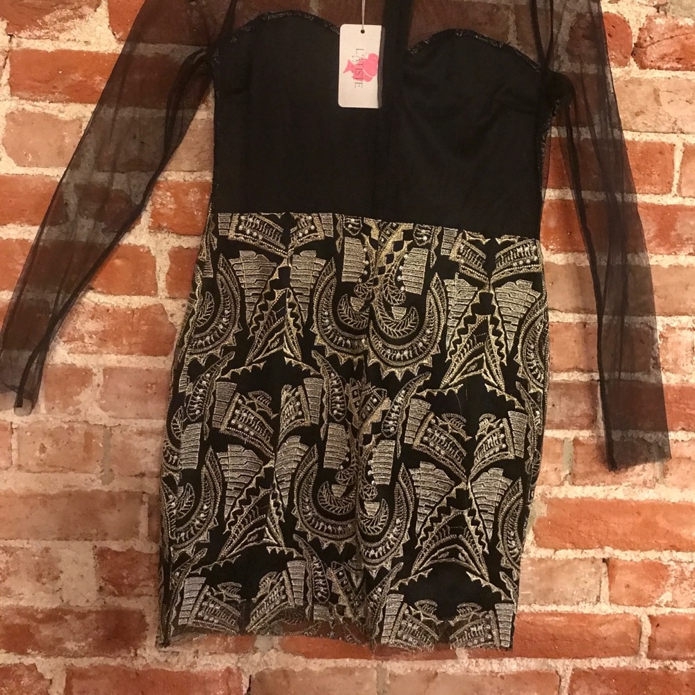 All Eyes On Me Embroidered Dress: Black and Gold - Picture 4 of 5
